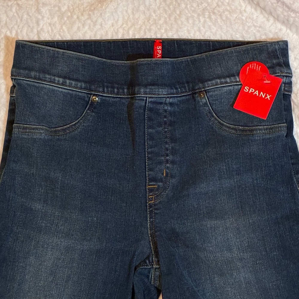 NWT SPANX Medium Wash Blue Stretch Denim Jeggings Leggings Distressed M 8/10 - Picture 2 of 9